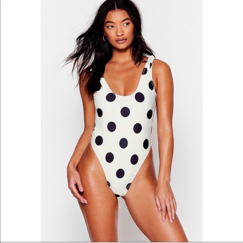 Nasty Gal one-piece swimsuit white w/black polka dots Size 2